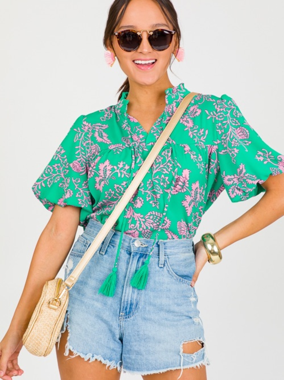 Voy Blooming Tassel Tie Top, Green Floral Tie-Neck Blouse with Pink Print